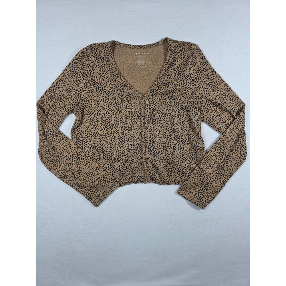 American Eagle Cardigan Soft & Sexy Plush Animal Print Large Tan Cheetah Cropped